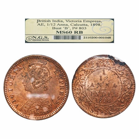 Victoria Empress, Copper, 1/12 Anna 1898, Calcutta Mint, Obv B, No mint mark. F. Prid 803.