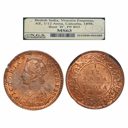 Victoria Empress, Copper, 1/12 Anna 1898, Calcutta Mint, Obv B, No mint mark. F. Prid 803.