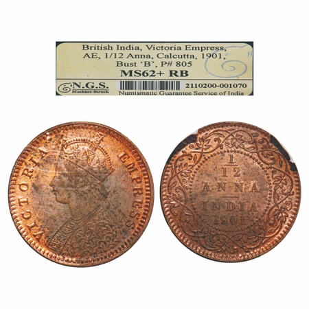 Victoria Empress, Copper, 1/12 Anna 1901, Calcutta Mint, Obv B, No mint mark. F. Prid 805.