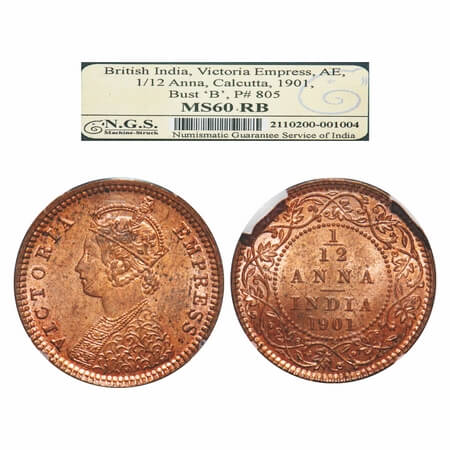 Victoria Empress, Copper, 1/12 Anna 1901, Calcutta Mint, Obv B, No mint mark. F. Prid 805.