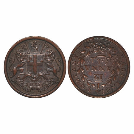 William IV, Copper, 1/12 Anna, 1835, Madras Mint, Rev II, Wreath with 13 Berries (6L + 7R)