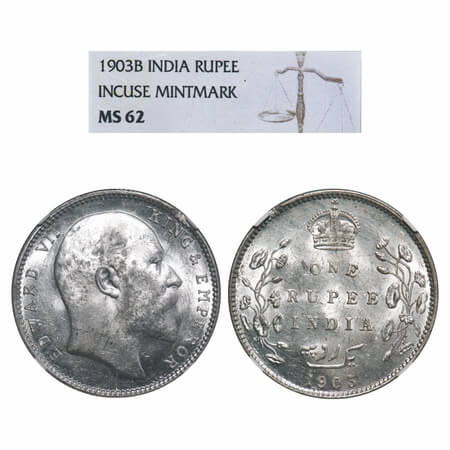 Edward VII, Silver, Rupee, 1903, Bombay Mint, B incused and dot. F. Prid 199. GK 926. NGC 