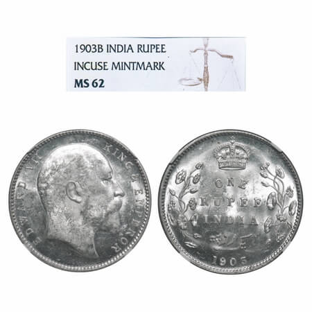 Edward VII, Silver, Rupee, 1903, Bombay Mint, B incused and dot. F. Prid 199. GK 926. NGC 