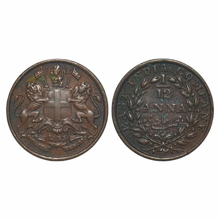 William IV, Copper, 1/12 Anna, 1835, Madras Mint, Rev II, Wreath with 13 Berries (6L + 7R)