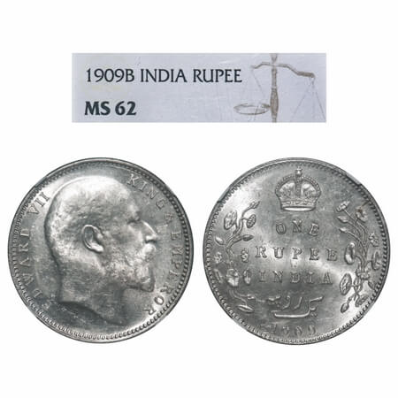 Edward VII, Silver, Rupee, 1909, Bombay Mint, 'B' incused and dot. F. Prid 205. GK 952. NG