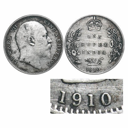 Edward VII, Silver, Rupee, 1910, Bombay Mint, 'B' incused and dot, Last numerals 10 struck