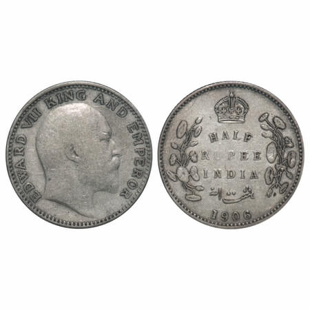 Edward VII, Silver, Half Rupee, 1906, Bombay Mint, 'B' incused, No dot. F. Prid 315. GK 96