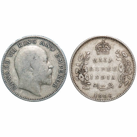 Edward VII, Silver, Half Rupee, 1906, Bombay Mint, 'B' incused, No dot. F. Prid 315. GK 96