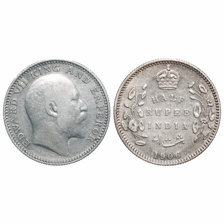 Edward VII, Silver, Half Rupee, 1906, Calcutta Mint, No mint mark. F. Prid 310. GK 964. Ex