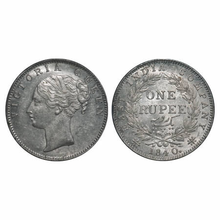 Victoria Queen, Silver, Rupee, 1840, CL, Calcutta Mint, A/I, English Head, Wreath with 19 