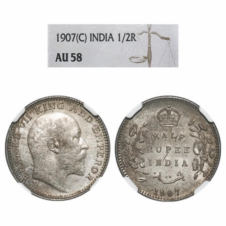 Edward VII, Silver, Half Rupee, 1907, Calcutta Mint, No mint mark. F. Prid 311. GK 967. NG