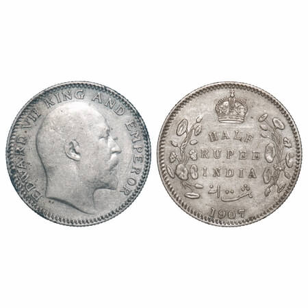 Edward VII, Silver, Half Rupee, 1907, Calcutta Mint, No mint mark. F. Prid 311. GK 967. Ex