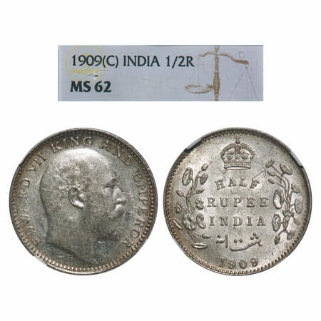 Edward VII, Silver, Half Rupee, 1909, Calcutta Mint, No mint mark. F. Prid 313. GK 969. NG