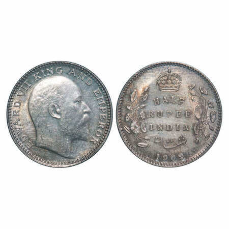 Edward VII, Silver, Half Rupee, 1909, Calcutta Mint, No mint mark. F. Prid 313. GK 969. Br
