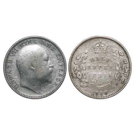 Edward VII, Silver, Half Rupee, 1910, Bombay Mint, 'B' incused and dot. F. Prid 317. GK 97