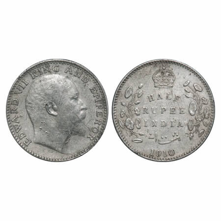 Edward VII, Silver, Half Rupee, 1910, Bombay Mint, 'B' incused and dot. F. Prid 317. GK 97