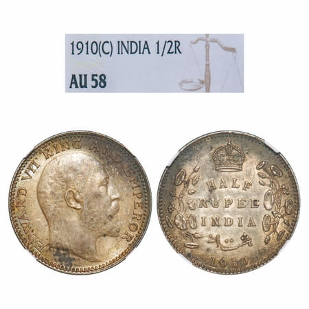 Edward VII, Silver, Half Rupee, 1910, Calcutta Mint, No mint mark. F. Prid 314. GK 971. NG