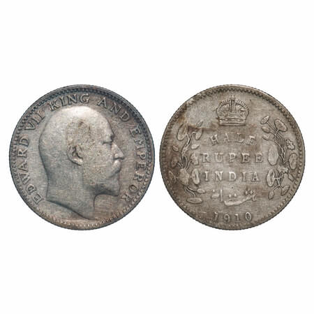 Edward VII, Silver, Half Rupee, 1910, Calcutta MInt, No mint mark. F. Prid 314. GK 971. Ve