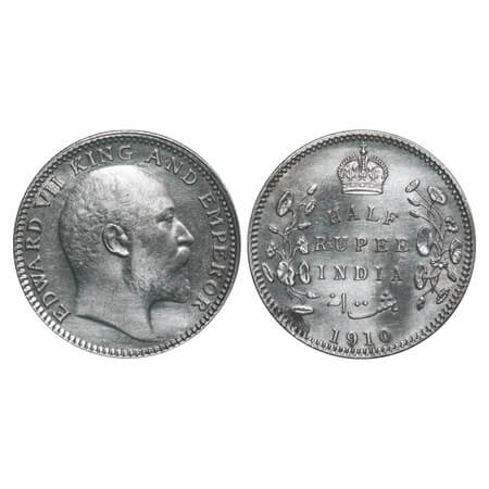 Edward VII, Silver, Half Rupee, 1910, Calcutta Mint, No mint mark. F. Prid 314. GK 971. Ab
