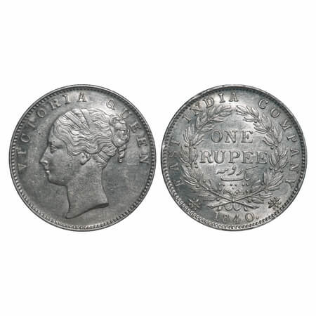 Victoria Queen, Silver, Rupee, 1840, CL, Calcutta Mint, A/I, English Head, Wreath with 19 