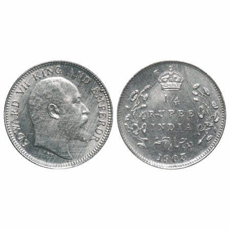Edward VII, Silver, 1/4 Rupee, 1903, Calcutta Mint, No mint mark, Ghost on Rev, Die crack 