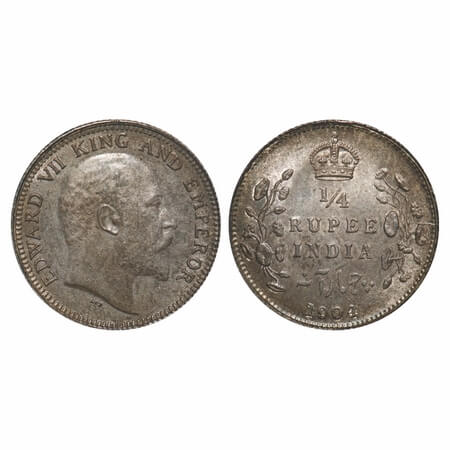 Edward VII, Silver, 1/4 Rupee, 1904, Calcutta Mint, No mint mark. F. Prid 433. GK 973. Unc