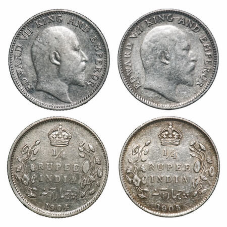 Edward VII, Silver, 1/4 Rupee, (2 coins), 1904, 1905, Calcutta Mint, No mint mark. F. Prid