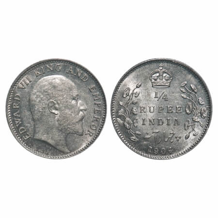 Edward VII, Silver, 1/4 Rupee, 1904, Calcutta Mint, No mint mark, Die crack on Rev. F. Pri