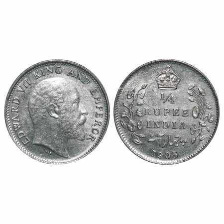 Edward VII, Silver, 1/4 Rupee, 1905, Calcutta Mint, No mint mark, Ghost on Rev. F. Prid 43