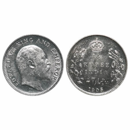 Edward VII, Silver, 1/4 Rupee, 1905, Calcutta Mint, No mint mark. F. Prid 434. GK 974. Bri