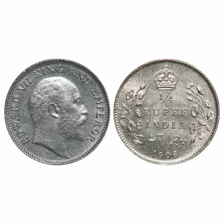 Edward VII, Silver, 1/4 Rupee, 1906, Calcutta Mint, No mint mark, Ghost on Rev. F. Prid 43
