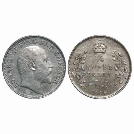 Edward VII, Silver, 1/4 Rupee, 1906, Calcutta Mint, No mint mark, Ghost on Rev. F. Prid 43