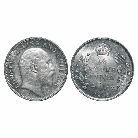 Edward VII, Silver, 1/4 Rupee, 1906, Calcutta Mint, No mint mark. F. Prid 435. GK 975. Bri