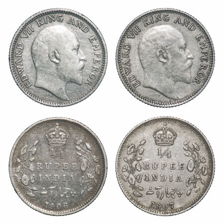Edward VII, Silver, 1/4 Rupee, (2 coins), 1906, 1907, Calcutta Mint, No mint mark. F. Prid