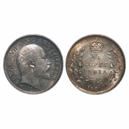 Edward VII, Silver, 1/4 Rupee, 1907, Calcutta Mint, No mint mark, Die crack on Obv. F. Pri