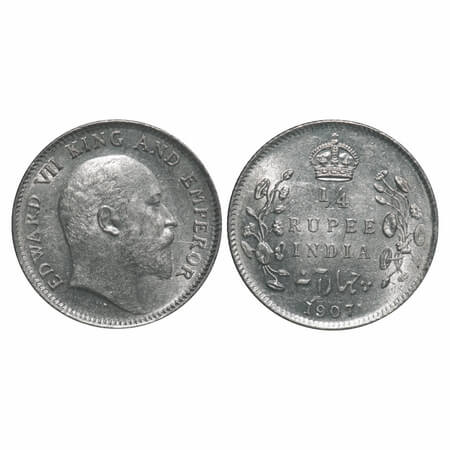 Edward VII, Silver, 1/4 Rupee, 1907, Calcutta Mint, No mint mark, Die crack on Obv, Ghost 