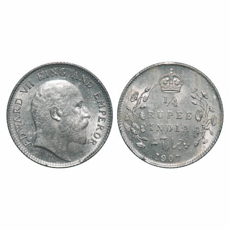 Edward VII, Silver, 1/4 Rupee, 1907, Calcutta Mint, No mint mark, Ghost on rev, Die crack 