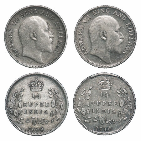 Edward VII, Silver, 1/4 Rupee, (2 coins), 1) 1908, Calcutta Mint, No mint mark, 2) 1910, B