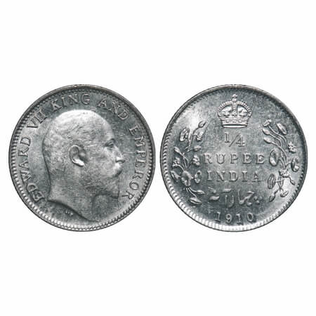 Edward VII, Silver, 1/4 Rupee, 1910, Calcutta Mint, No mint mark. F. Prid 439. GK 978. Bri
