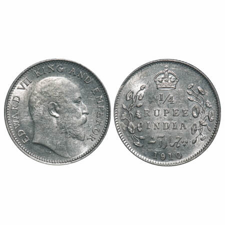 Edward VII, Silver, 1/4 Rupee, 1910, Calcutta Mint, No mint mark, Ghost on Rev. F. Prid 43