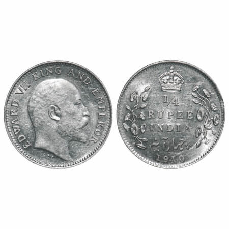 Edward VII, Silver, 1/4 Rupee, 1910, Calcutta Mint, No mint mark, Ghost on Rev. F. Prid 43