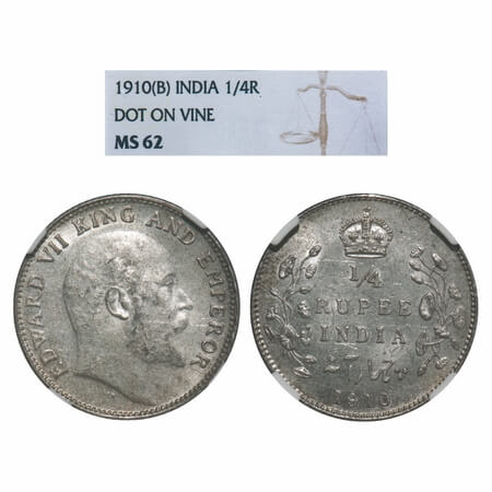 Edward VII, Silver, 1/4 Rupee, 1910, Bombay Mint, Dot, Dot on vain defined on the slab. F.