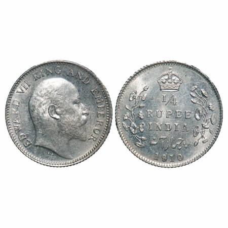 Edward VII, Silver, 1/4 Rupee, 1910, Bombay Mint, Dot, Ghost on Rev. F. Prid Unlisted. GK 