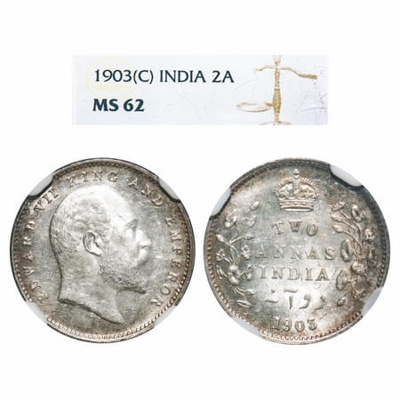 Edward VII, Silver, 2 Annas, 1903, Calcutta Mint, No mint mark. F. Prid 556. GK 980. NGC S