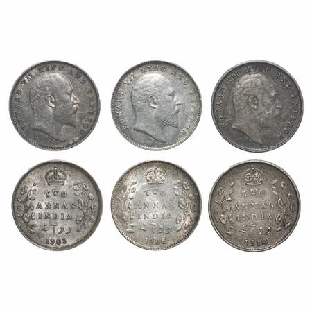 Edward VII, Silver, 2 Annas, (3 coins), 1) 1903, Calcutta Mint, No mint mark, Die crack on