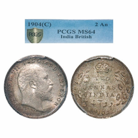 Edward VII, Silver, 2 Annas, 1904, Calcutta Mint, No mint mark. F. Prid 557. GK 981. PCGS 