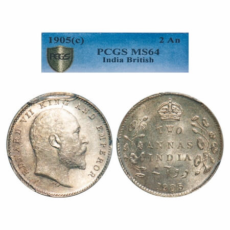 Edward VII, Silver, 2 Annas, 1905, Calcutta Mint, No mint mark, Die rotation on Rev. F. Pr