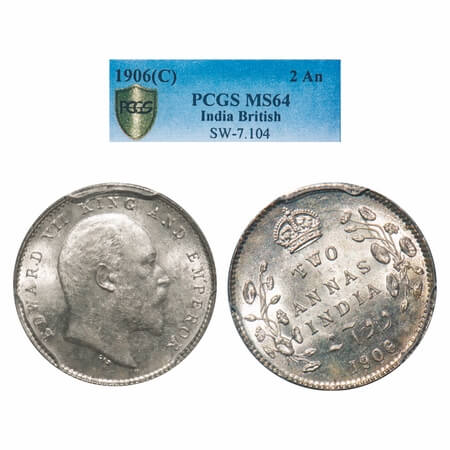 Edward VII, Silver, 2 Annas, 1906, Calcutta Mint, No mint mark, Almost 11'o clock on Rev. 