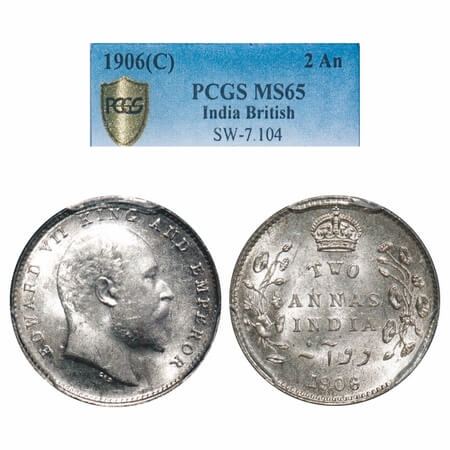 Edward VII, Silver, 2 Annas, 1906, Calcutta Mint, No mint mark. F. Prid 559. GK 983. PCGS 