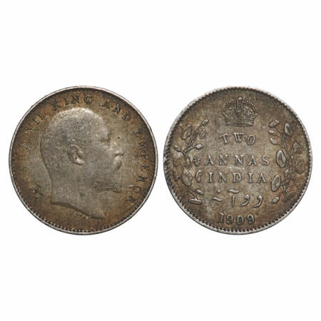 Edward VII, Silver, 2 Annas, 1909, Calcutta Mint, No mint mark. F. Prid 562. GK 986. Extre
